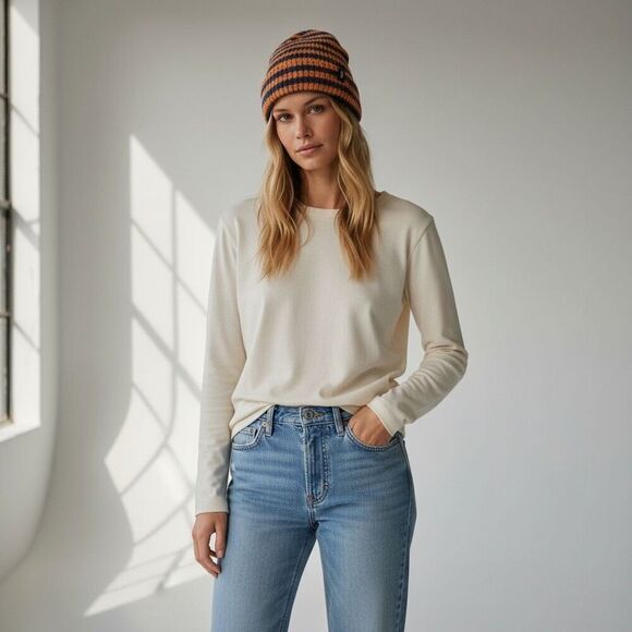 Free People Stripe It Up Beanie Varsity Orange Blue Waffle Knit One Size , NWT